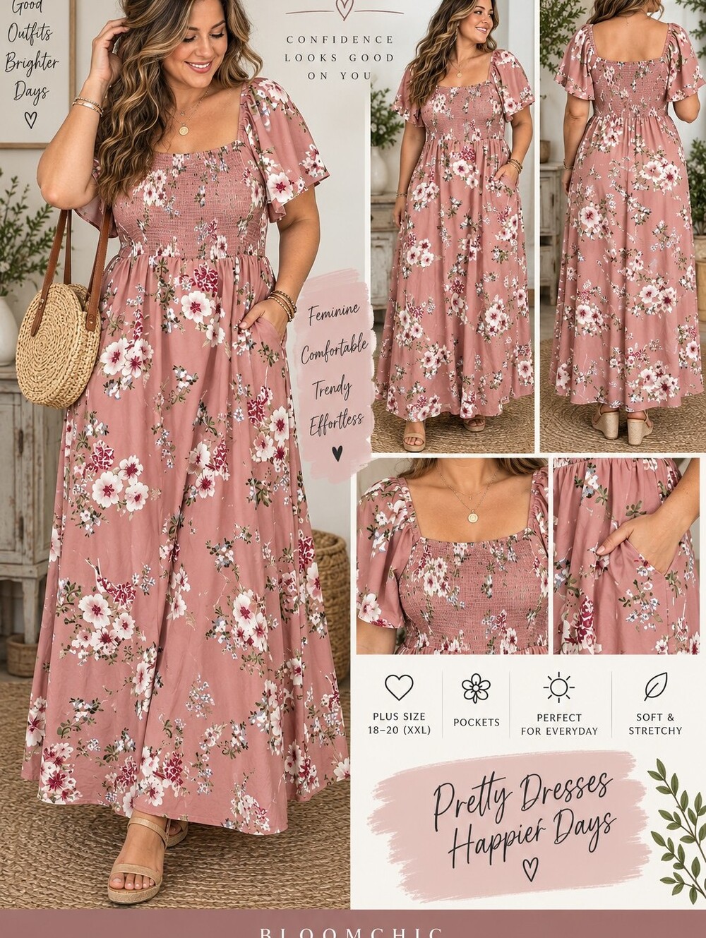 NEW Bloomchic Women’s XXL 18/20 Pink Floral Smocked Maxi Dress Pockets